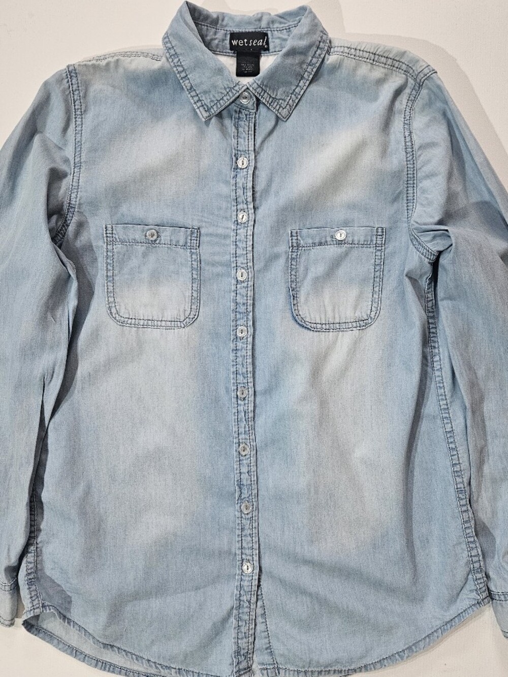 Vintage Y2K Wet Seal Denim Button Down Shirt Womens Small Blue Flap Pocket